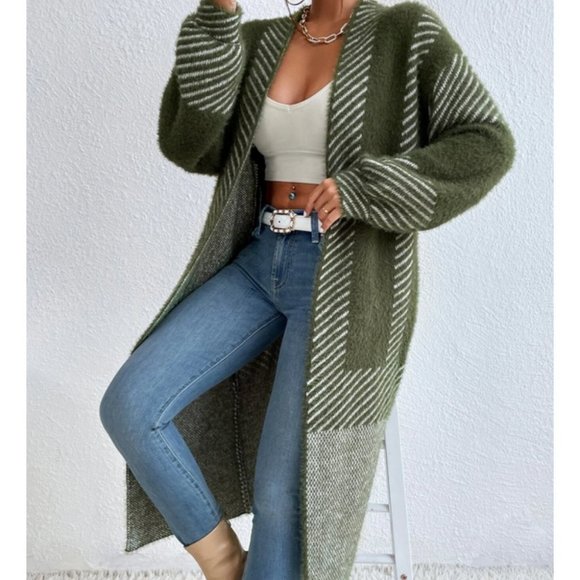 . Sweaters - open front striped print fuzzy sweater knit duster cardigan green